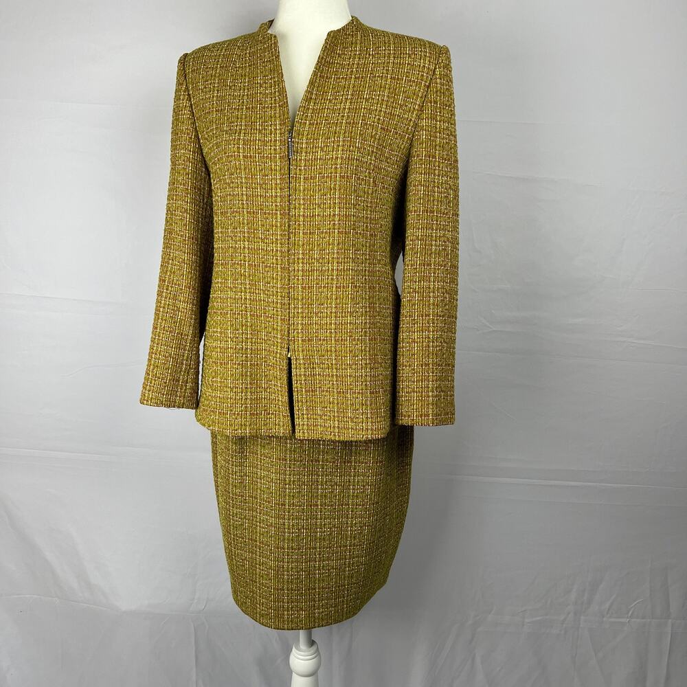 Vintage Tweed Pencil Skirt Suit Attributed Hugo Boss Green Brown White Size 6
